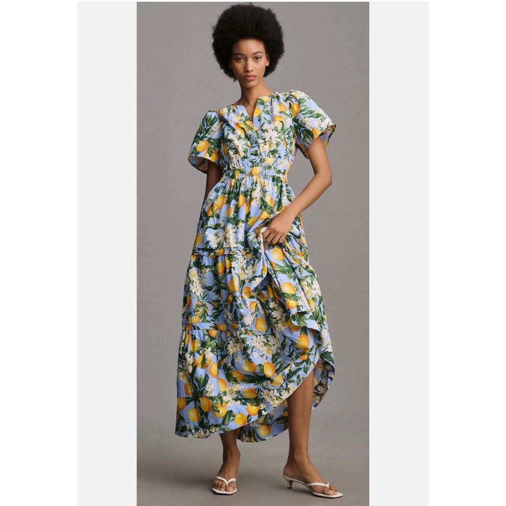 Anthropologie Somerset Maxi Dress Blue Citrus Lemon  Print Tiered V-Neck Medium